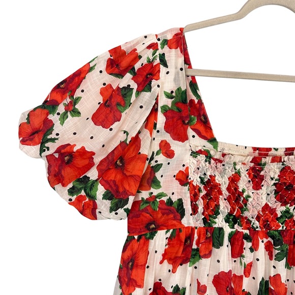 Maeve Anthropologie Red Poppy Floral Babydoll Mini Dress Puff Sleeve Large - Picture 5 of 16